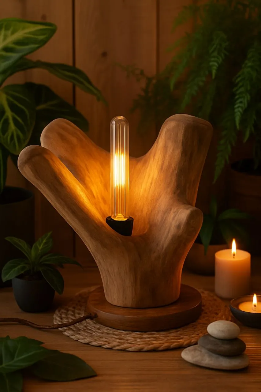 Abajur Artesanal de Madeira com Lâmpada Decorativa