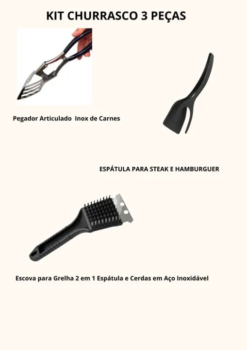 Kit Churrasco  3 peças  Pegador articulado, Espatula para steak,Escova para grelha 2x1 - Foto 2