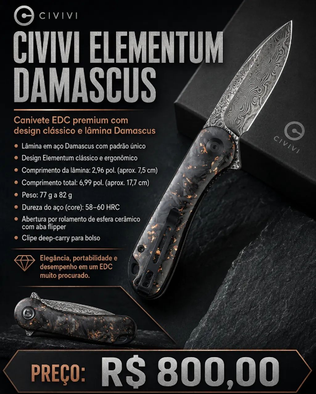 Canivete CIVIVI ELEMNTUM DAMASCUS - Foto 2