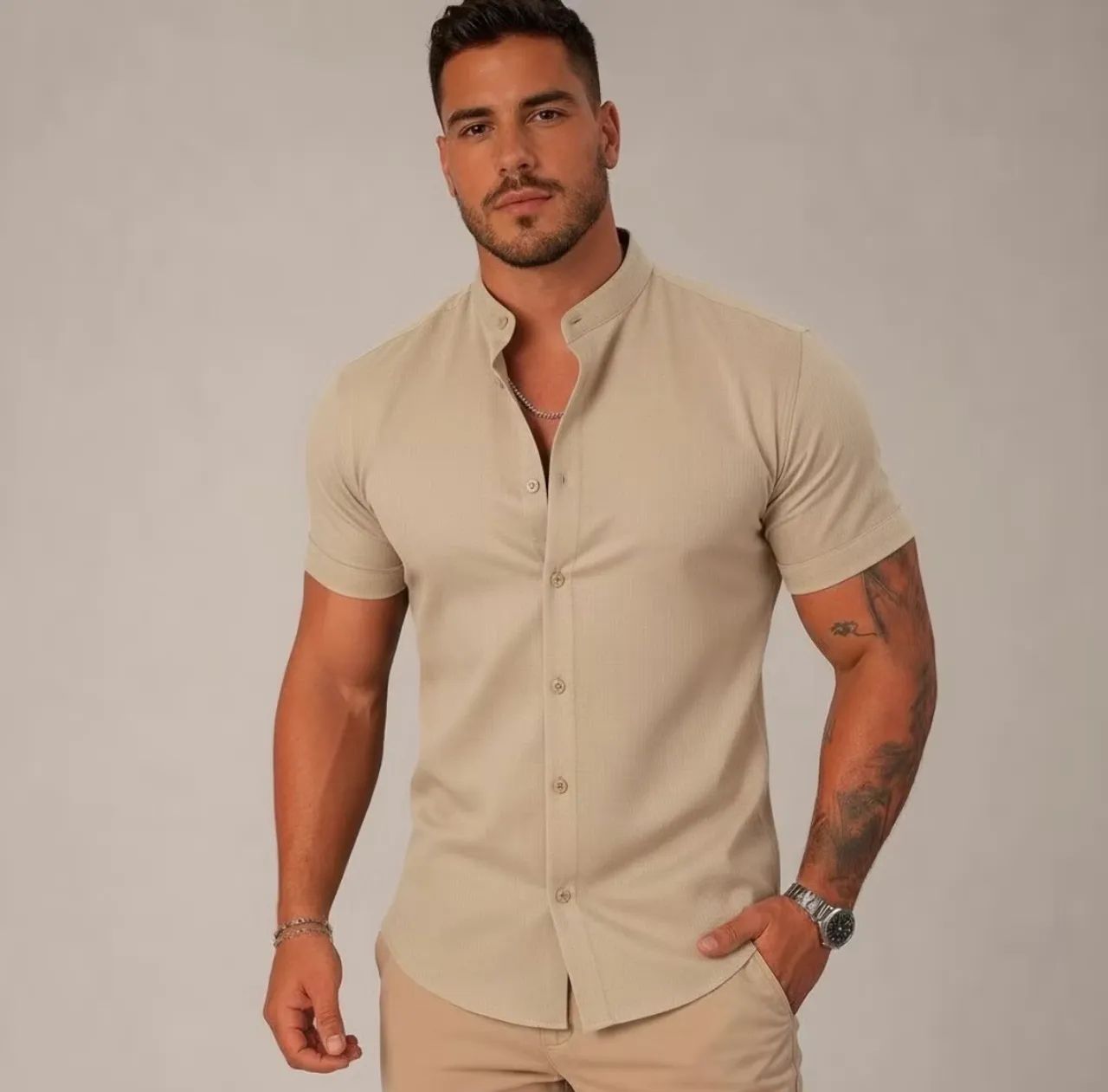 Camisa em linho gola padre