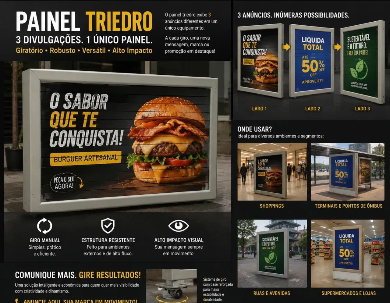 Painel Triedro Publicitário Giratório 3 Faces