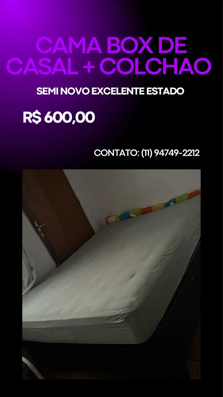 Cama box casal + colchão de molas ensacadas.