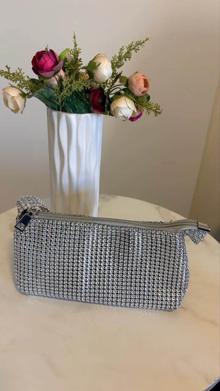 Bolsa de Ombro Prata com Brilho 