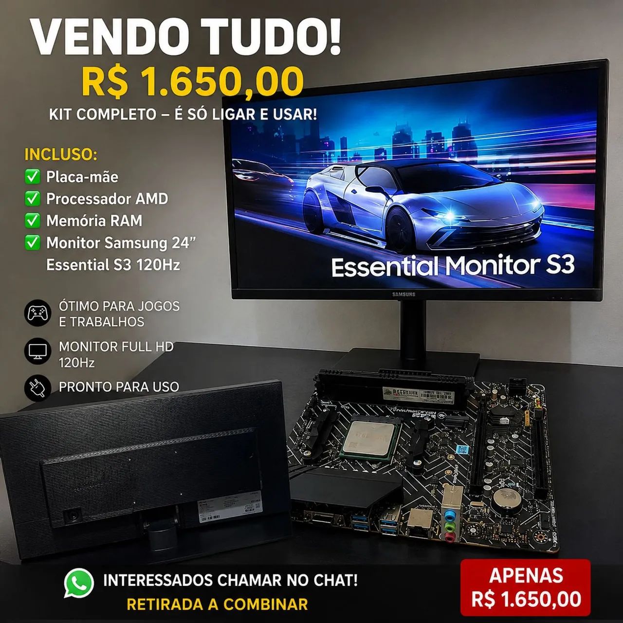? Kit PC AMD + Monitor Samsung 24" 120Hz | Tudo por R$ 1.650