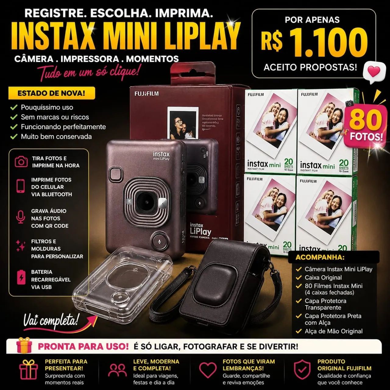 FUJIFILM INSTAX MINI LIPLAY + 80 FILMES ORIGINAIS LACRADOS + 2 CAPAS - ESTADO DE NOVA - Foto 6