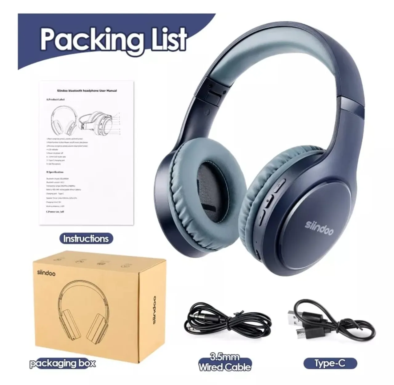 Fone De Ouvido Headphone Sem Fio Bluetooth Siindoo Azul