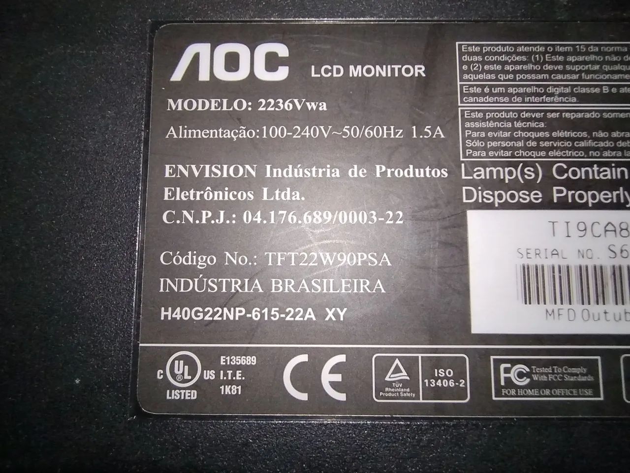 Monitor AOC 22 polegadas defeito  - Foto 4