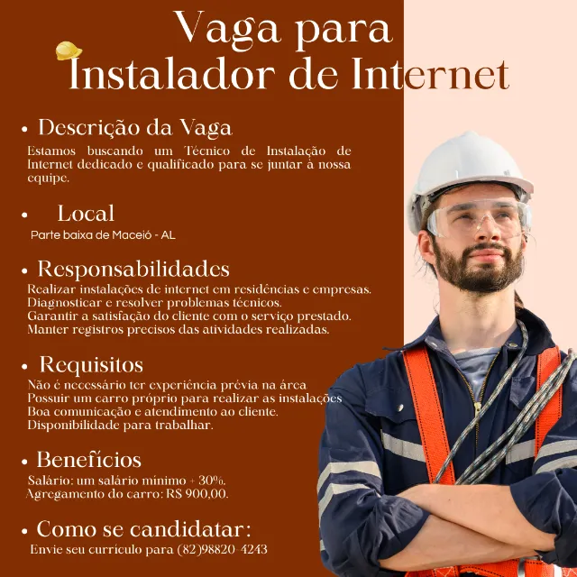 Contratação para vaga de Instalador de Internet
