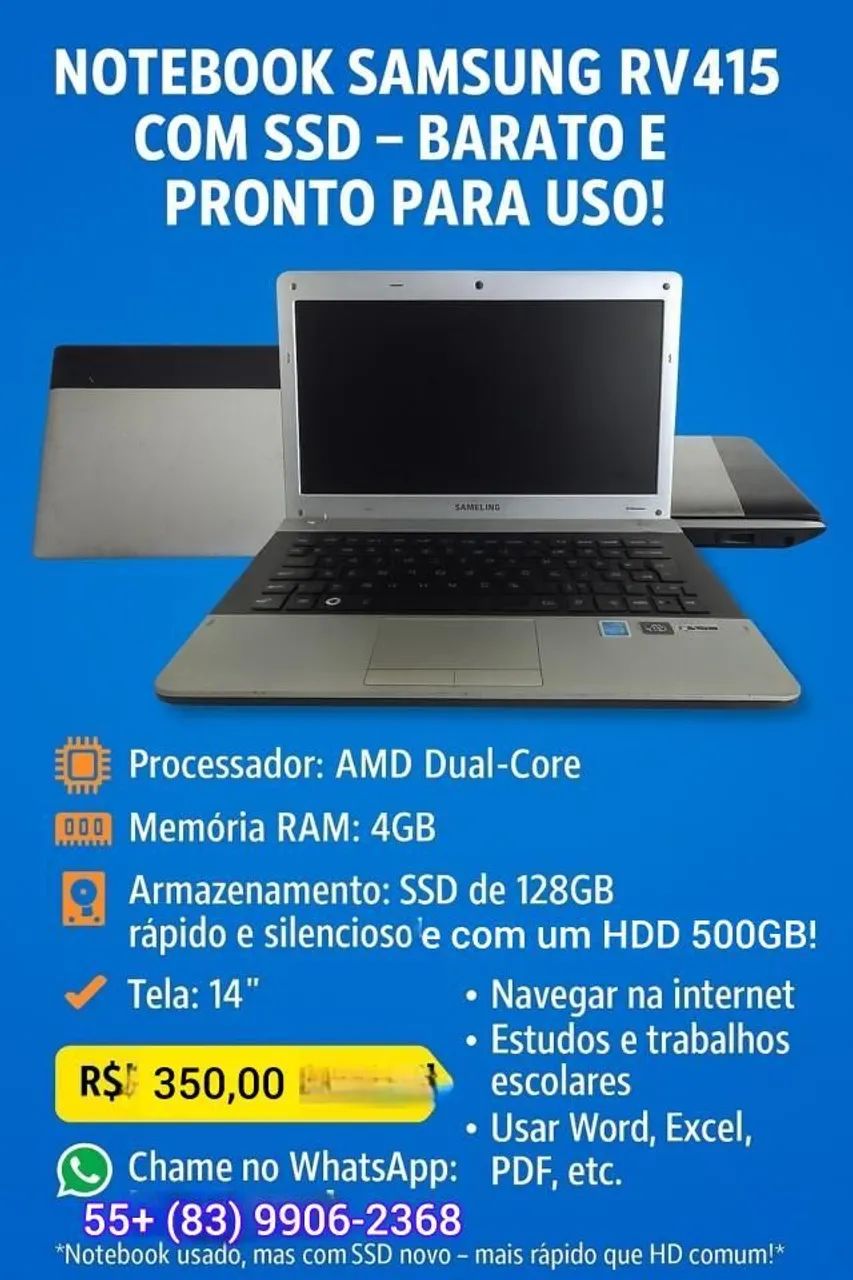 Notebook Samsung RV415 com SSD - Barato e Pronto para Uso!
