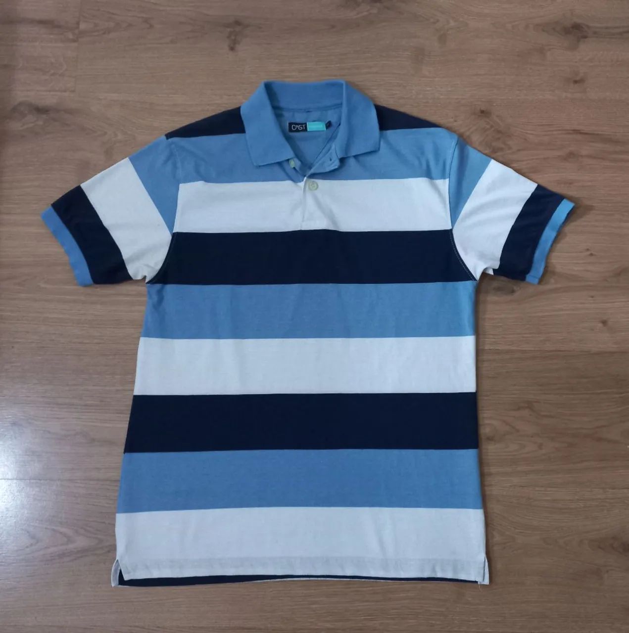 Camisa Polo Masculina Tam. M Listrada azul e branca