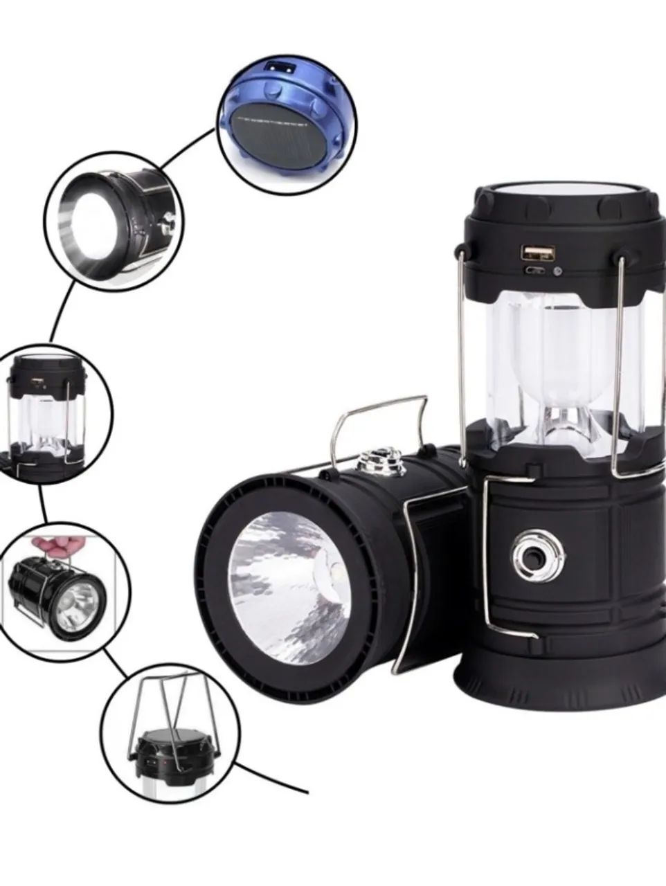 Lampião Camping Solar Led USB Lanterna Bateria Recarregável - Foto 3