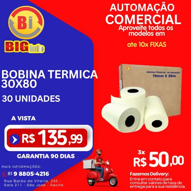 Bobina Térmica 80x30 - Impressora Térmica C/30un Cor Branca