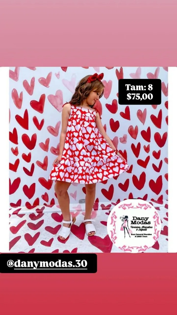 Vestido Infantil Corações - Dany Modas valor e tamanho nas fotos
