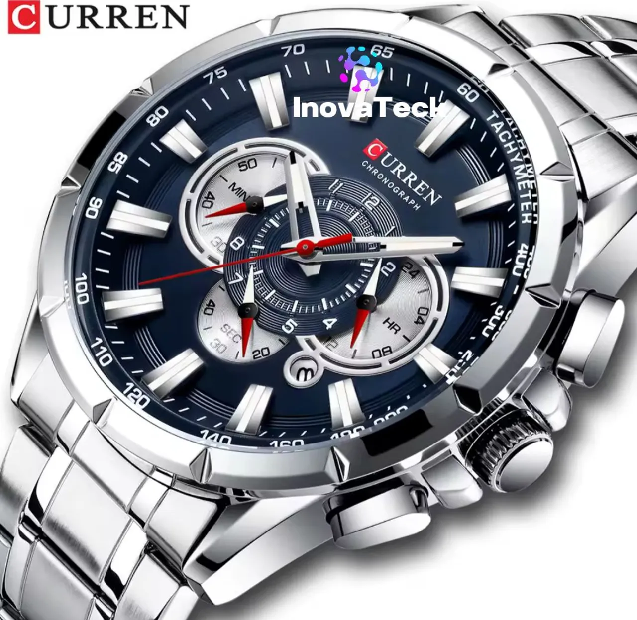 Relógio Curren Chronograph Azul Pulseira Aço Inoxidável
