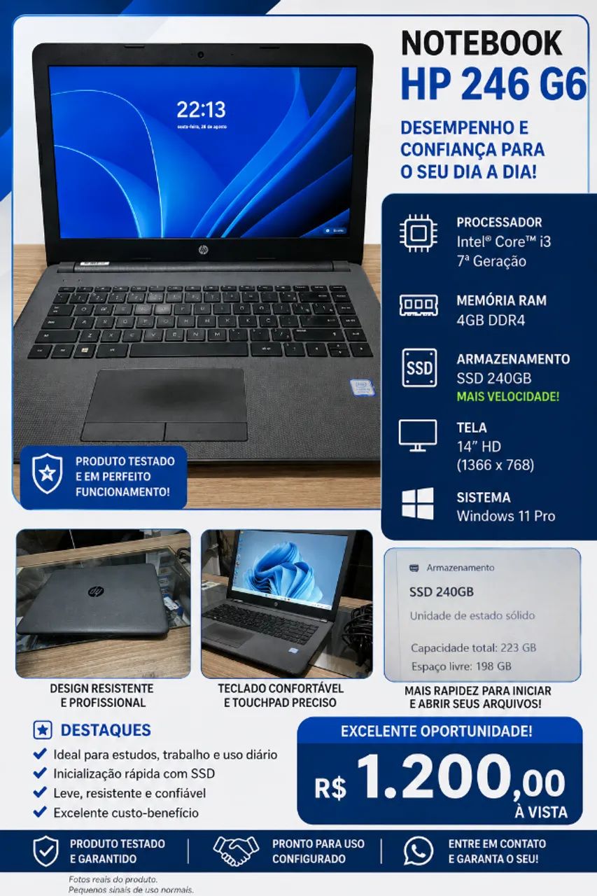 Notebook HP 246 G6, 4gb de ram, i3-7020U, SSD 240gb