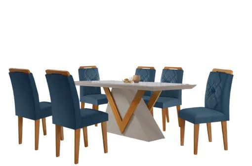 Mesa de Jantar Retangular com Tampo de Vidro e 8 Cadeiras Azul  - Foto 2