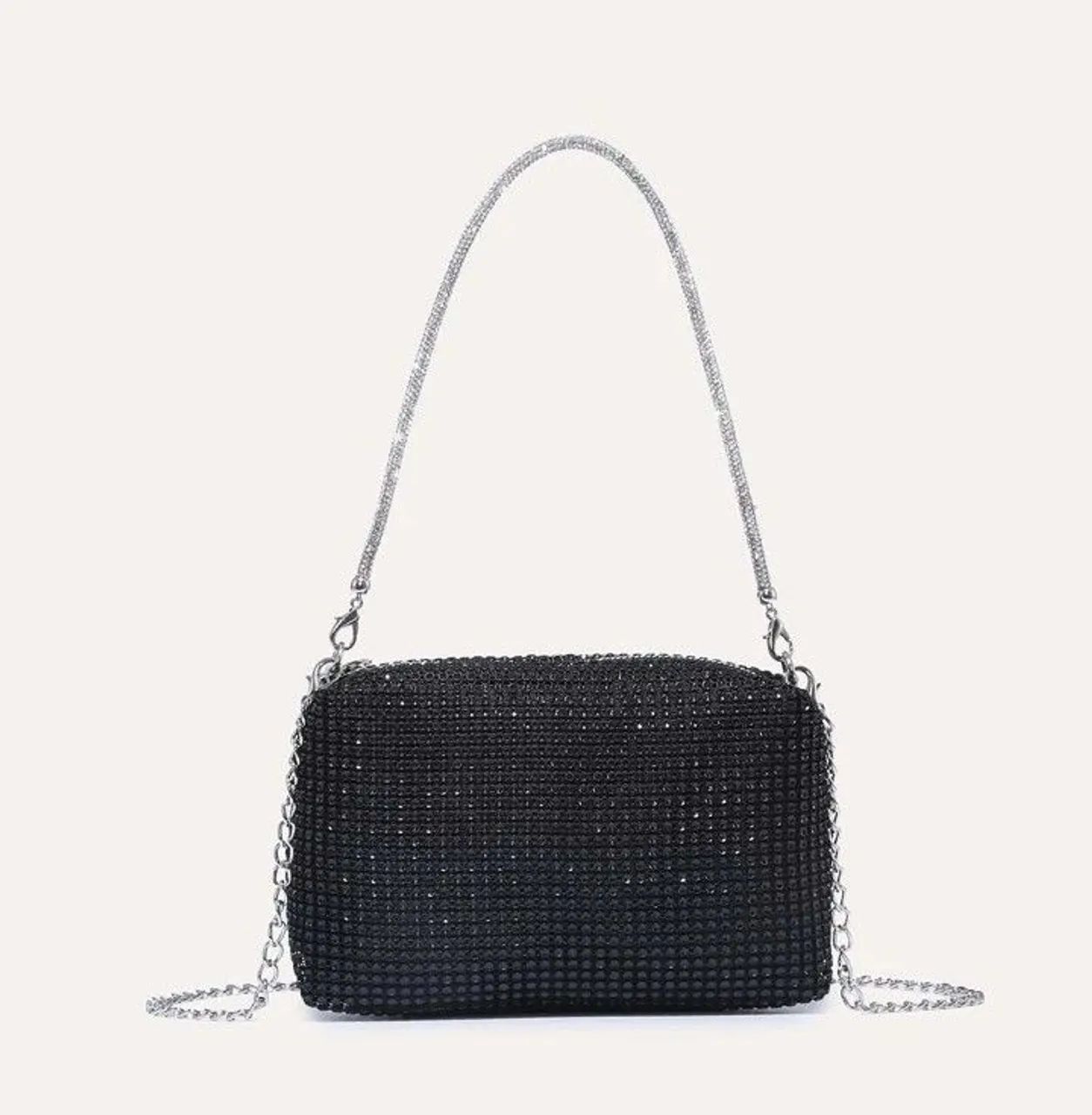 Bolsa de festa preta com alça de strass e alça de corrente - NOVA