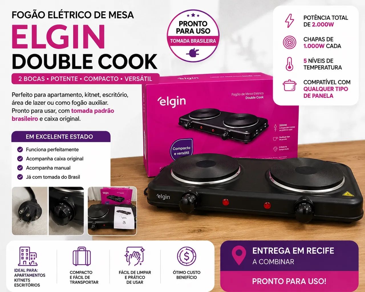Fogão Elétrico Elgin Double Cook 2 Bocas - Com Caixa