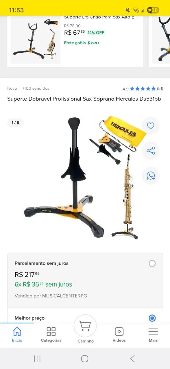 Suporte Hércules Para Sax Soprano - Instrumentos musicais - Novo Suporte Hércules Para Sax Soprano - Instrumentos musicais - Novo