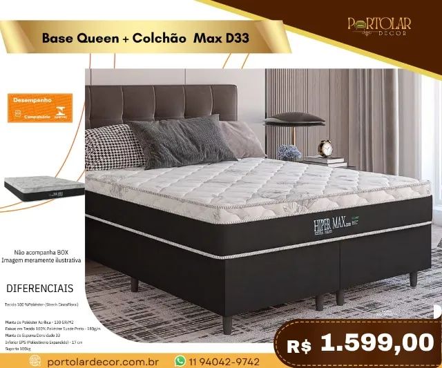 Base Queen+ colchão Max D33, a pronta entrega 