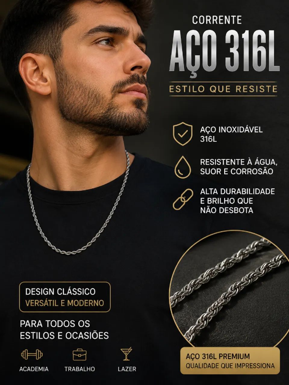 Colar/Correntes de Aço 316L (aço premium) - Foto 3
