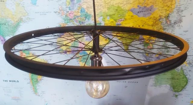 Lustre Estilo Industrial !!! Roda de Bike - Preto + Lâmpada Filamento de Carbono - Foto 2