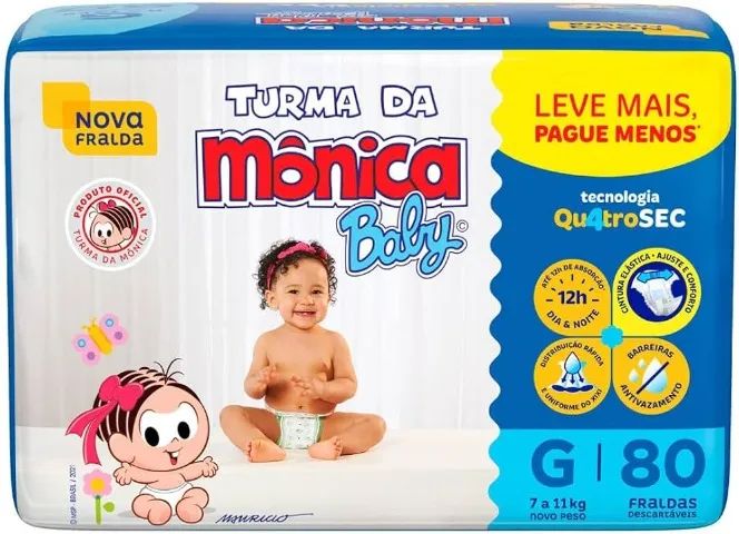 Fralda Turma da Mônica Baby Proteção Até 12h Cintura Elástica Barreira Antivazamento G 80