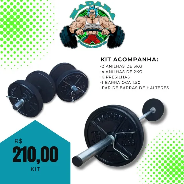 KIT MUSCULAÇÃO INICIANTE COM ANILHAS DE CONCRETO