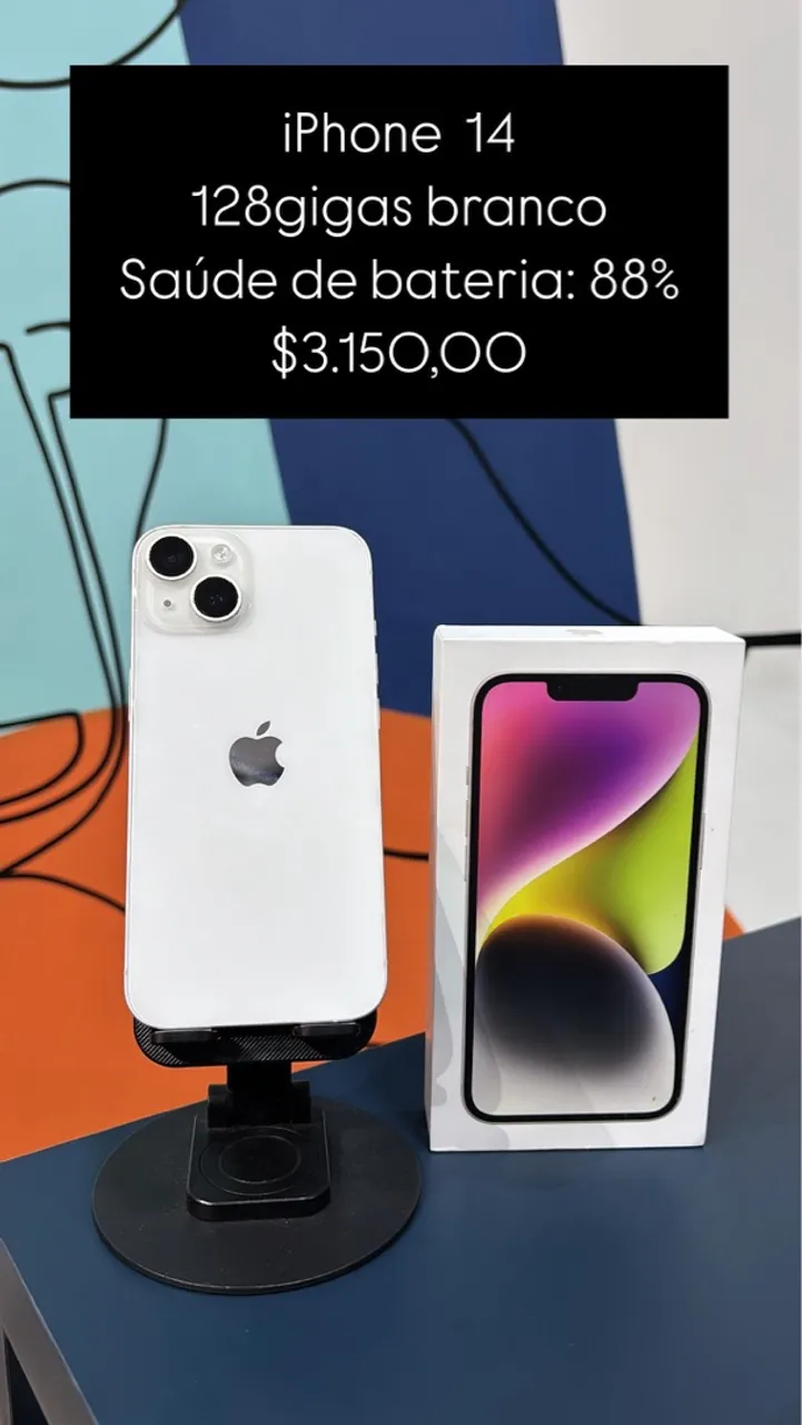 iPhone 14 / 128GB / Branco / Saúde de bateria 88% / R$ 3.150,00
