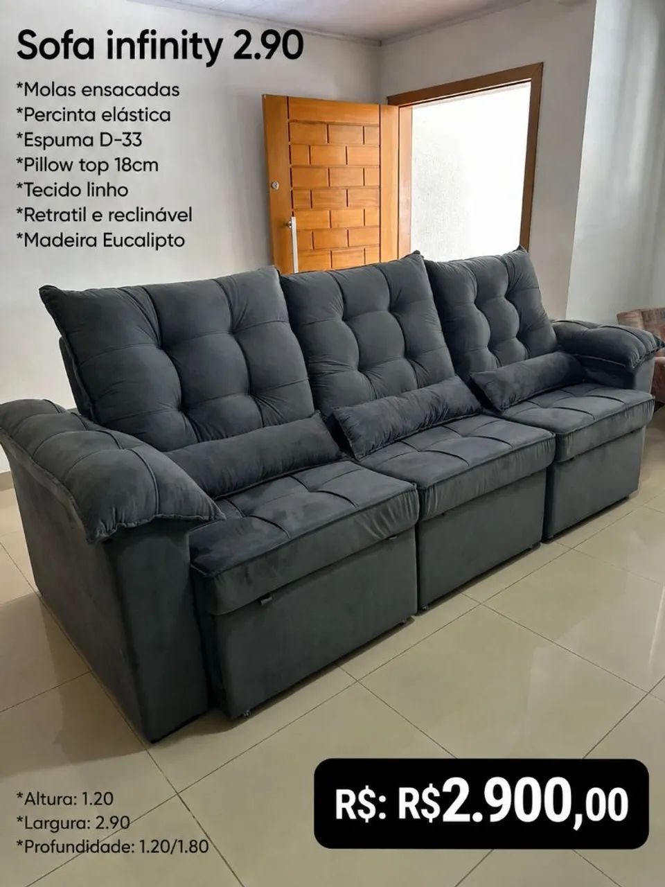 Sofá Retrátil reclinável Infinity 2.90m