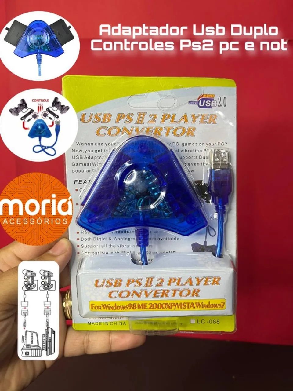 Adaptador de 2 Controles para PS2 PC e Notebook