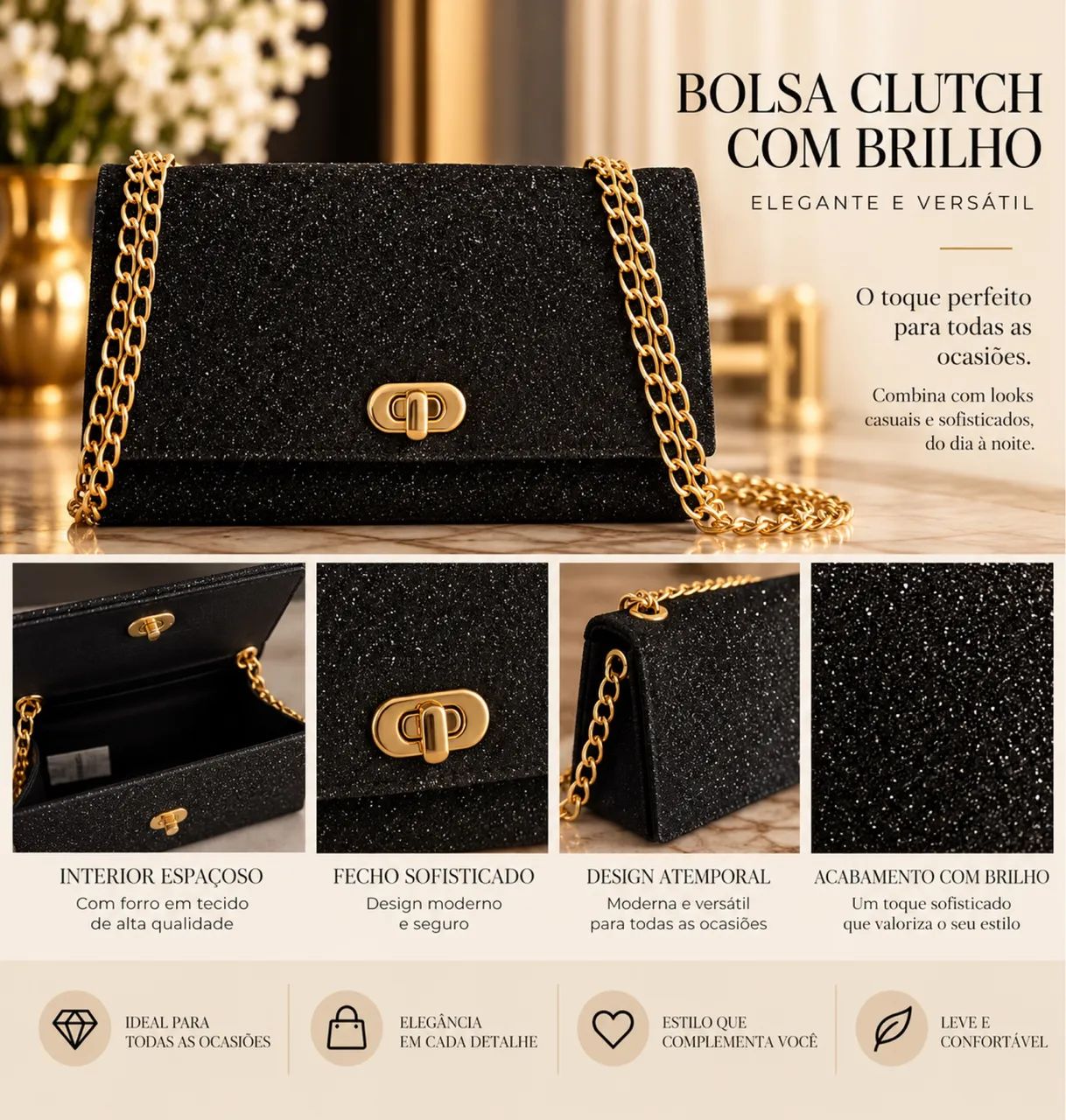 Bolsa preta com brilho e alças douradas 