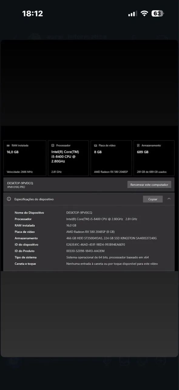 PC Gamer i5 8400 + RX 580 8GB + 16GB RAM + SSD 240GB