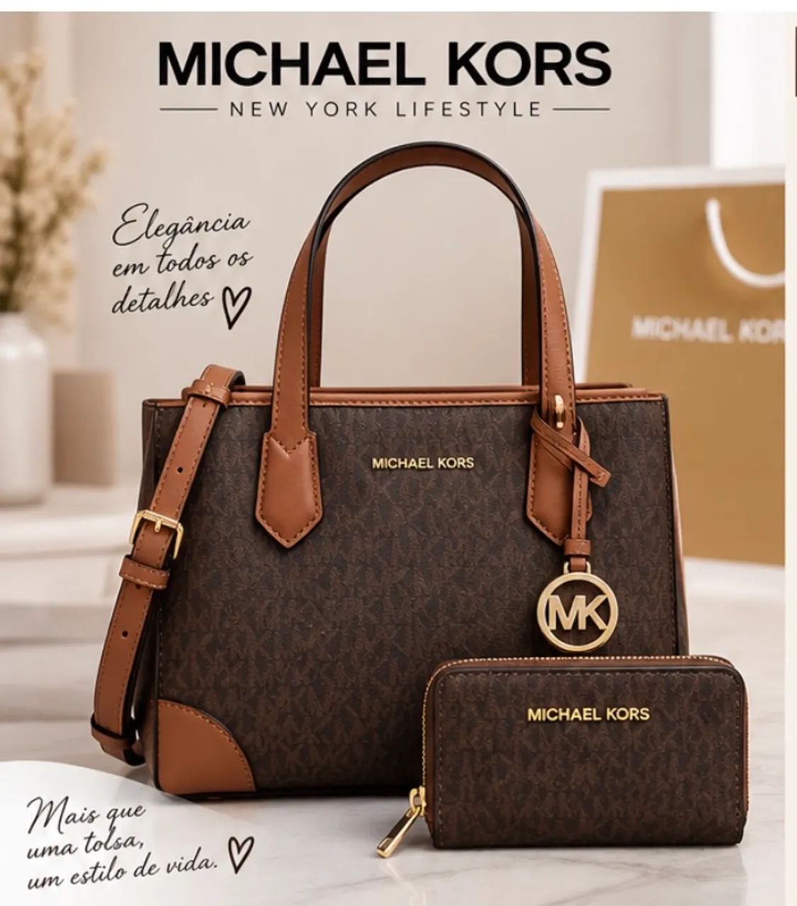 ♡M♡ Kit Michael Kors Eva XS + Carteira Original - Brown - Lacrado