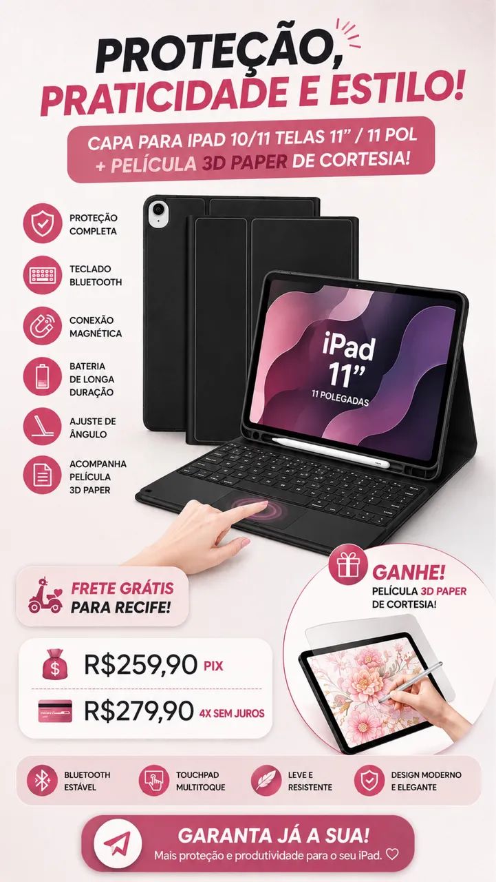 Capa ipad 11 com teclado Bluetooth + película 3D paper 