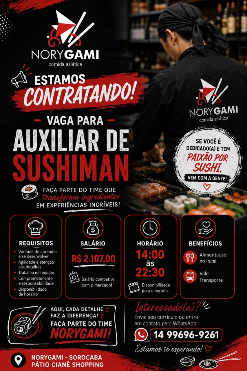 VAGA PARA AUXILIAR DE SUSHIMAN 
