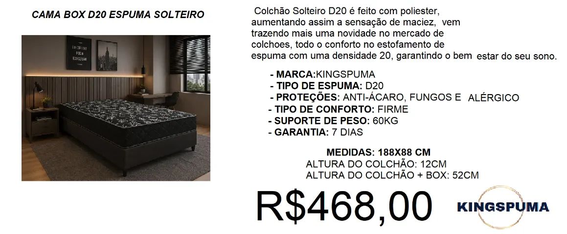 COLCHÃO + BOX - D20- SOLTEIRO - COMPRE HOJE E RECEBA EM ATÉ 72 HORAS 