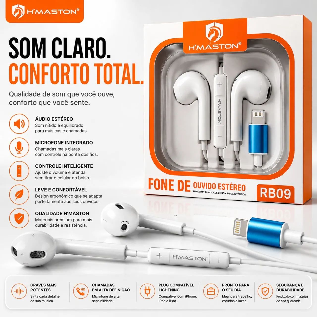 Fone de Ouvido H'Maston RB09 Lightning com Microfone para iPhone