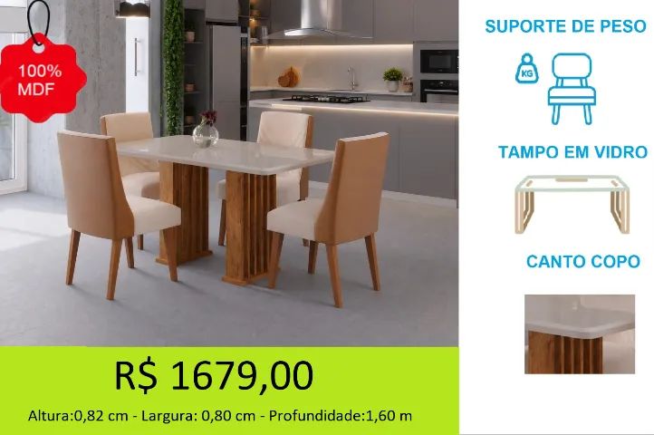Mesa de 4 cadeiras com tampo em vidro - a pronta entrega 
