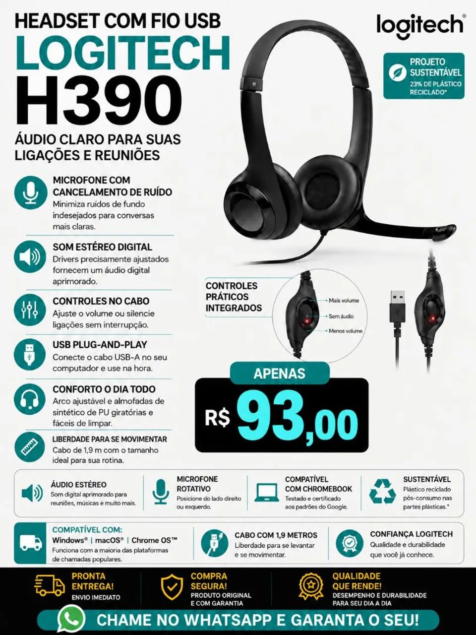 HEADSET COM FIO USB LOGITECH H390