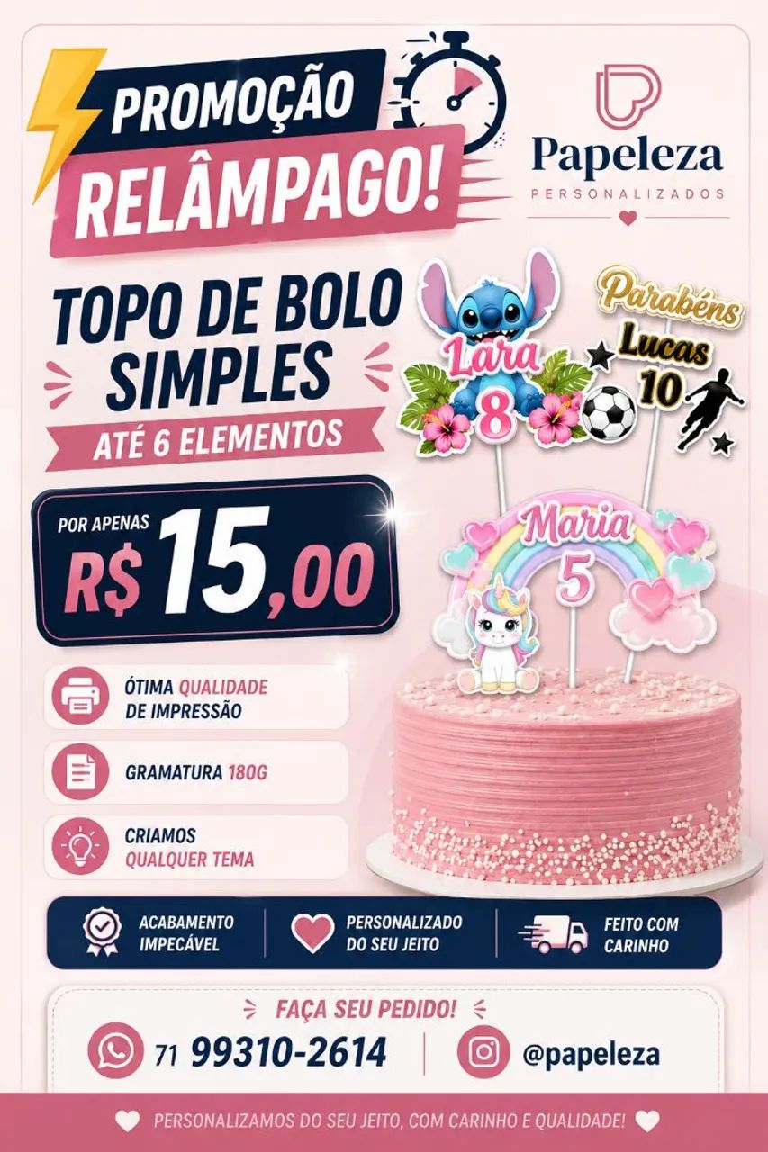 Topo de bolo Simples R$15,00