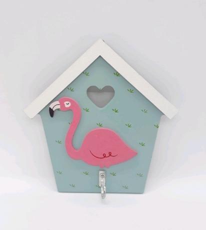 Gancho Em Madeira Porta Chave Casinha Flamingo Rosa