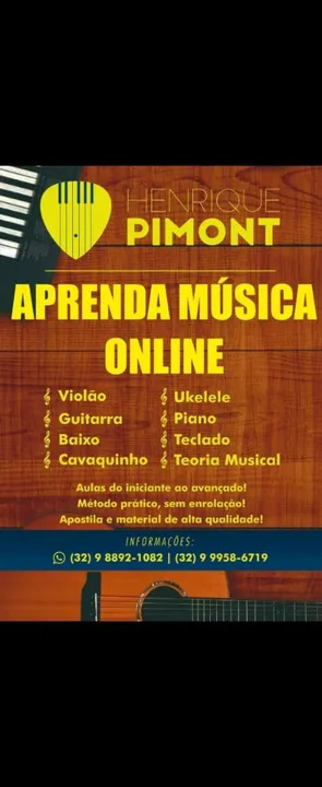 Aulass de violão guitarra baixo teclado piano cavaquinho ukulele