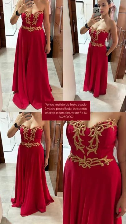 Vestido de Festa Vermelho com Detalhes Dourados