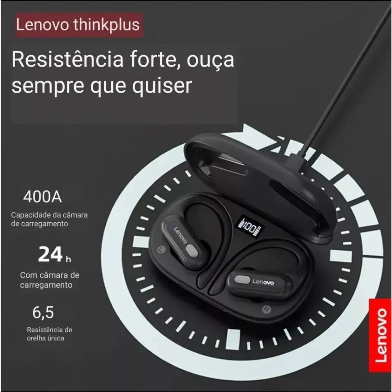 Fone LENOVO/Bluetooth 5.3/Gancho AURICULAR especial p/esportes/Graves++/6+25Horas bateria  - Foto 5