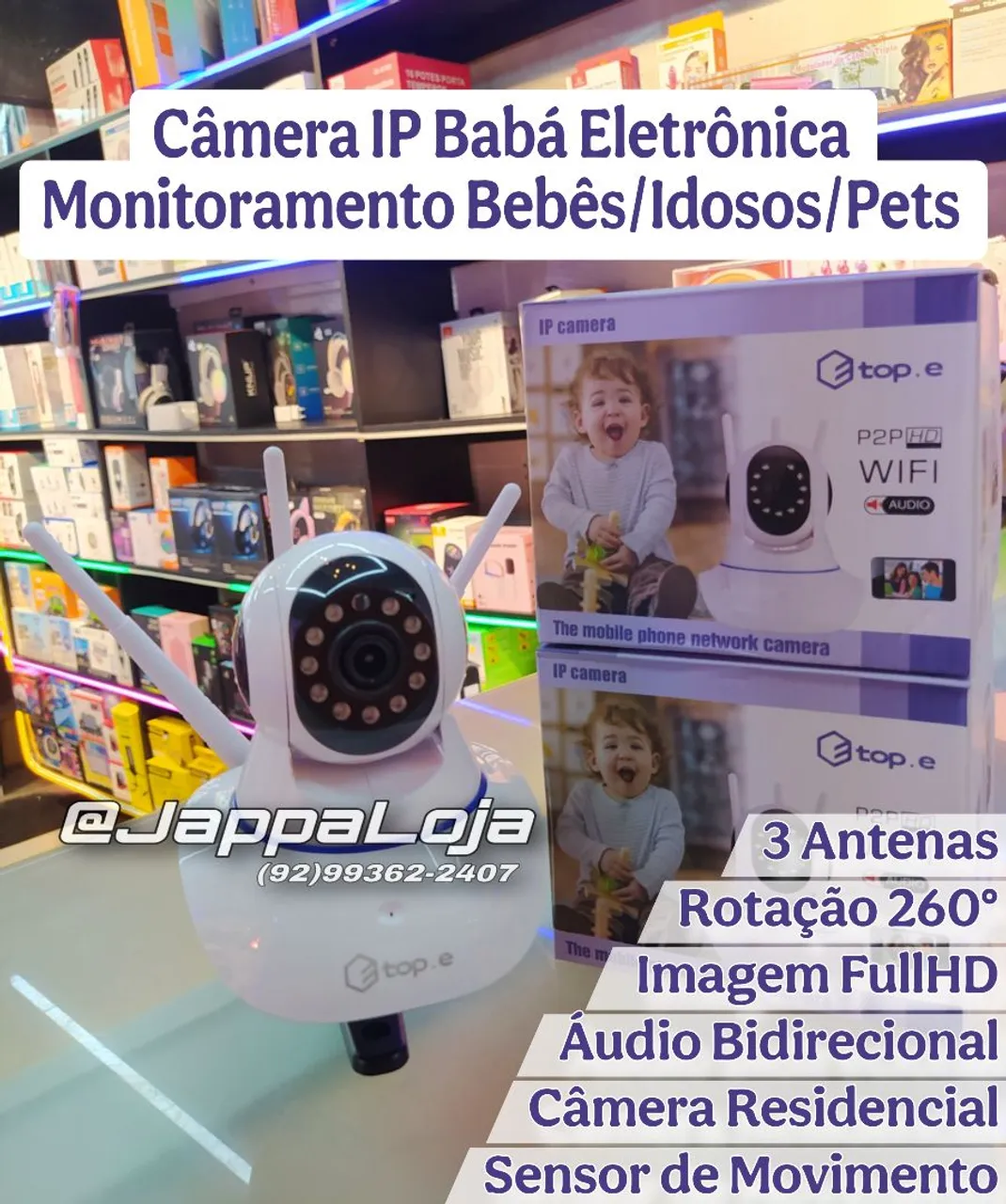 Câmera IP Babá Eletrônica 3 Antenas Full HD