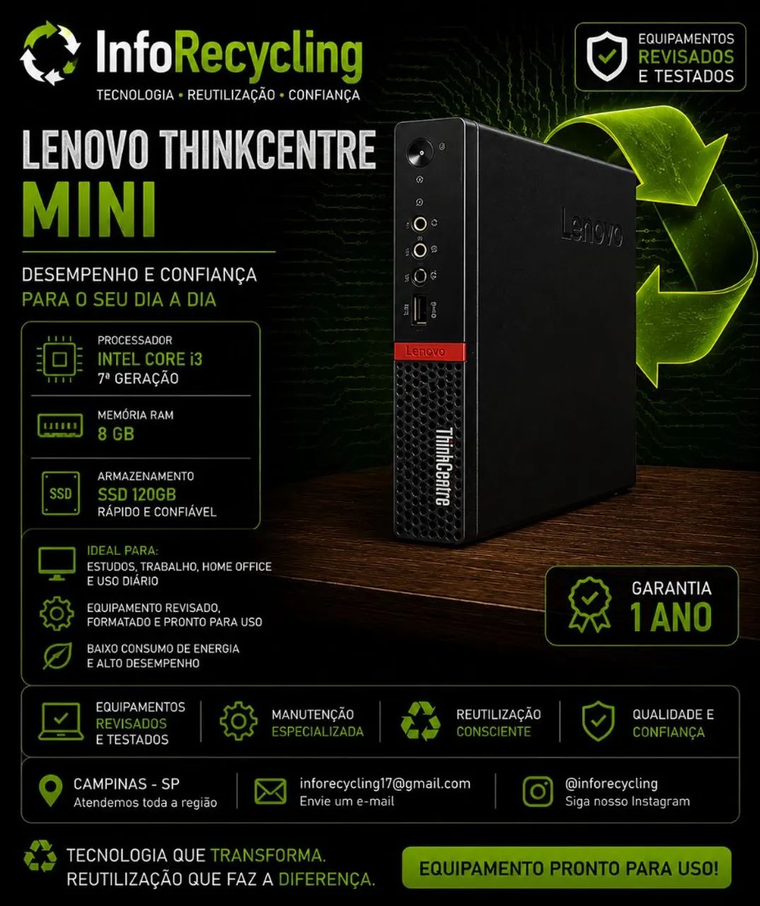 Computador Mini Lenovo ThinkCentre - Intel Core i3 7ª Geração