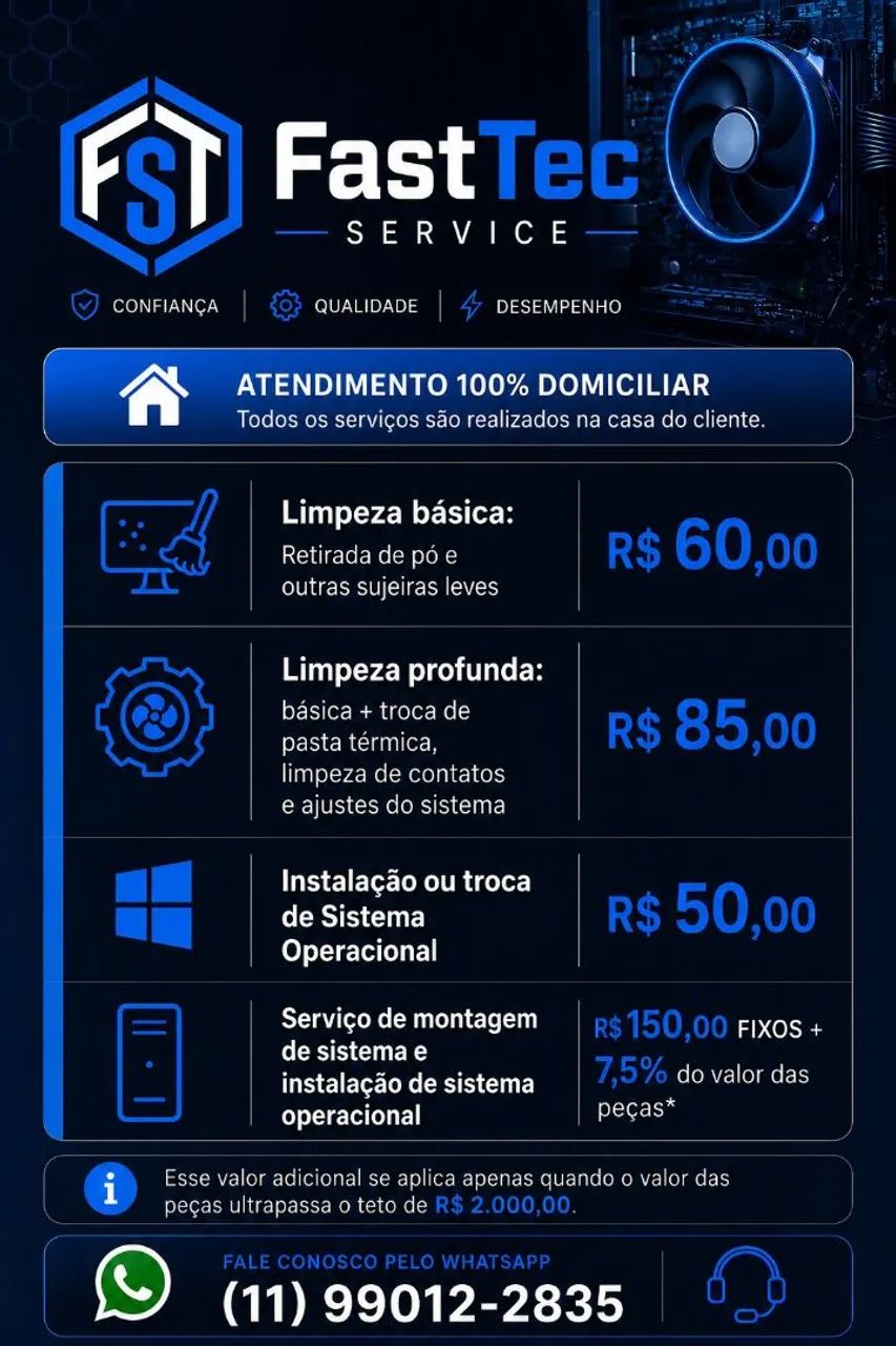 Serviços de limpeza, instalação e montagem de computadores e notebooks