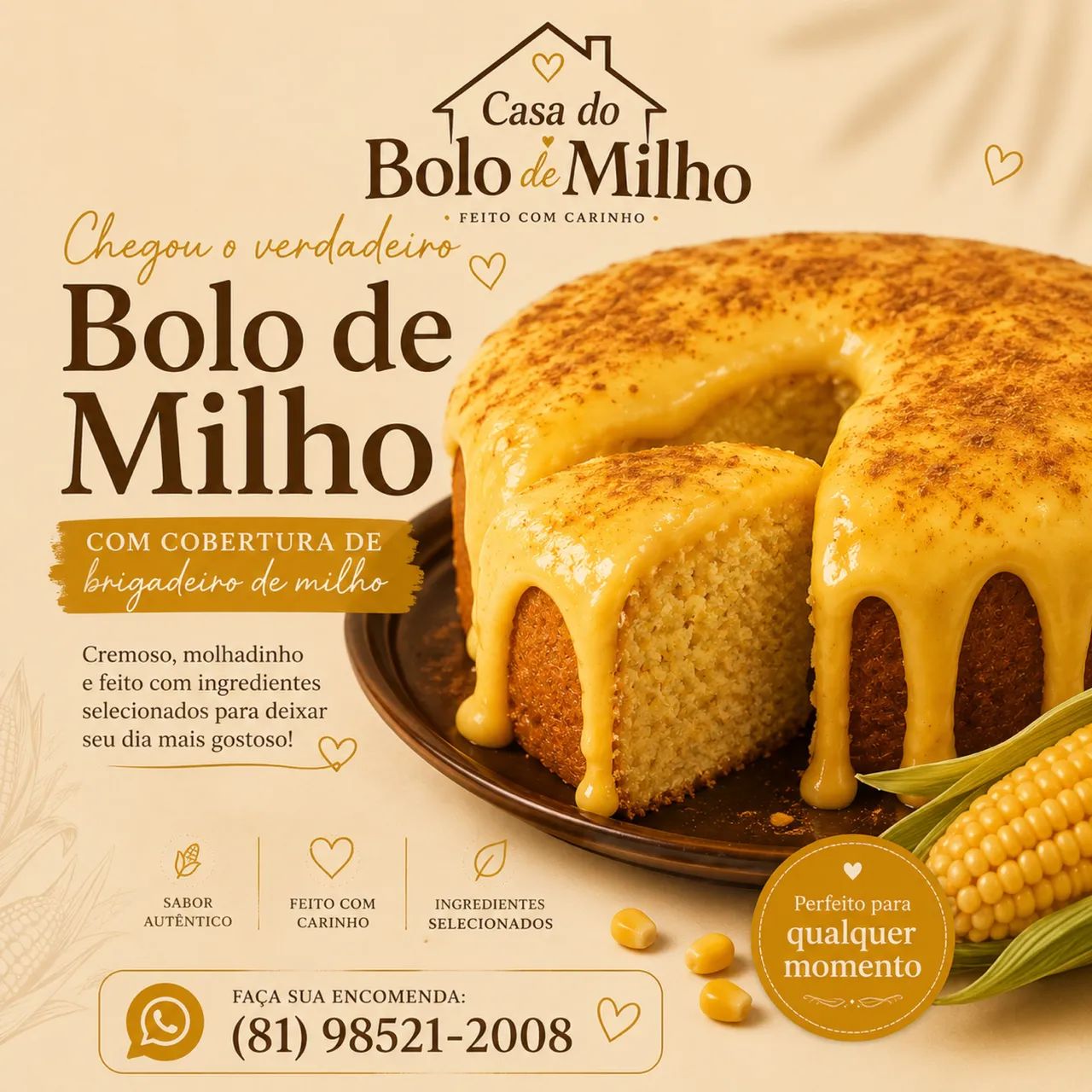 Bolo de Milho Caseiro com Cobertura Cremosa