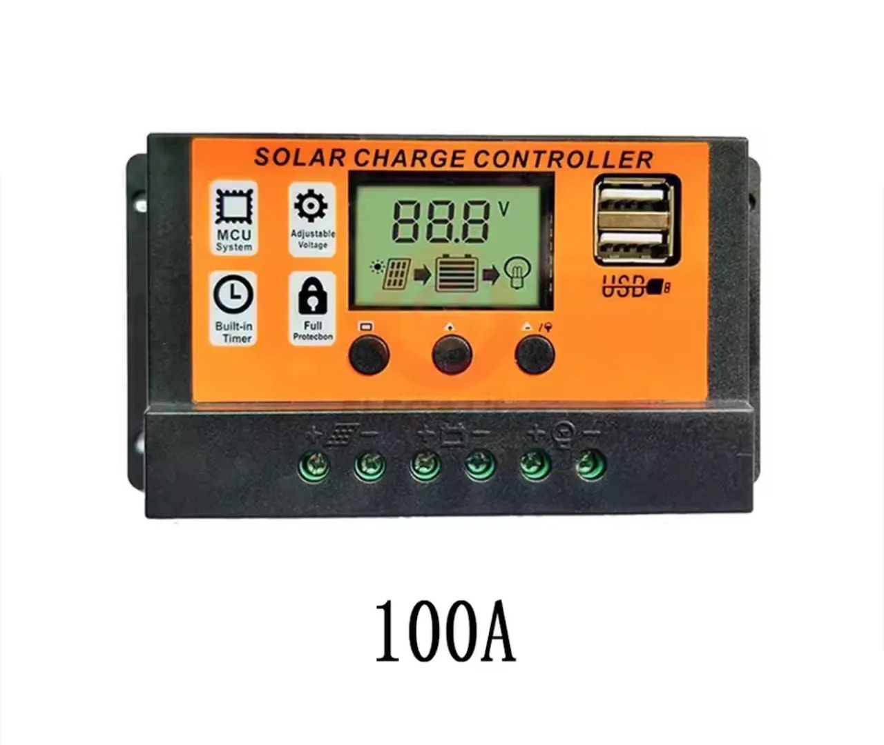 Controlador de Carga Solar 100A 12V/24V com Display LCD e USB